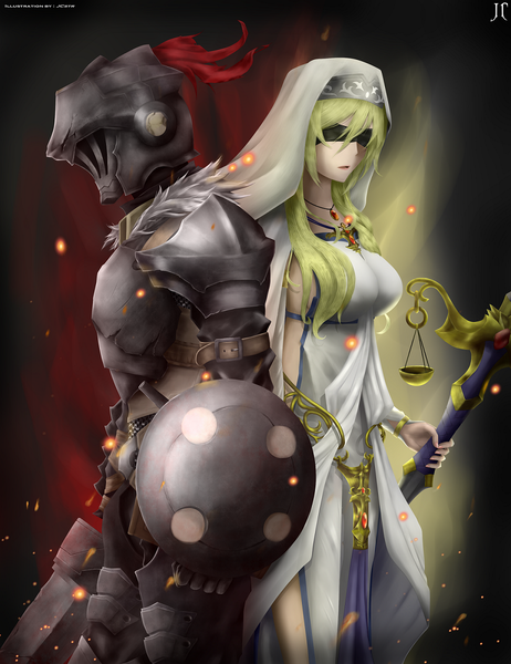 Anime picture 924x1200 with goblin slayer! white fox goblin slayer sword maiden jcstr long hair tall image breasts blonde hair large breasts standing holding signed payot long sleeves fur trim dark background back to back blindfold girl