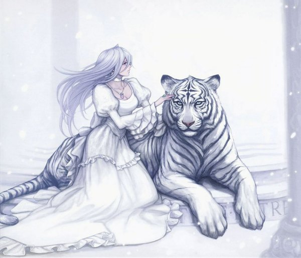 Anime picture 1191x1024 with the last story kanan (the last story) tagme (artist) single long hair breasts cleavage silver hair profile kneeling snowing winter snow girl dress bow animal white dress pendant tiger