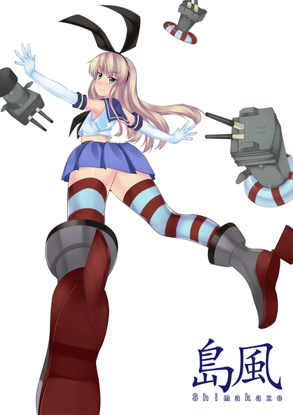 Anime picture 955x1350 with kantai collection shimakaze destroyer rensouhou-chan kin no tatchi (kanente) single long hair tall image blush light erotic simple background blonde hair white background green eyes light smile spread arms girl thighhighs skirt gloves bow