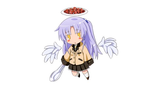 Anime picture 1600x900 with angel beats! key (studio) tachibana kanade single long hair blush highres wide image white background yellow eyes purple hair chibi angel wings no pupils girl spoon