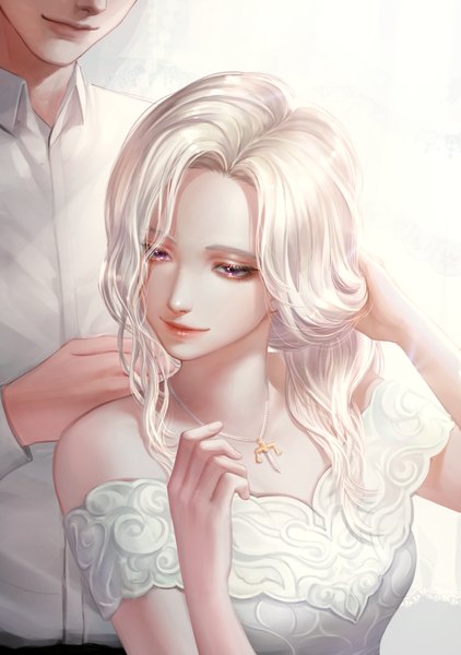 Anime picture 1380x1960 with original karta rta long hair tall image purple eyes bare shoulders looking away white hair light smile turning head solo focus head out of frame holding hair girl dress boy shirt white shirt white dress pendant