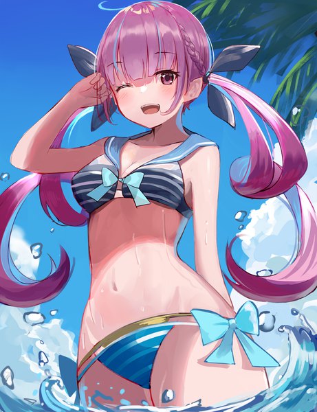Anime picture 800x1042 with virtual youtuber hololive minato aqua aroa (aroamoyasi) single long hair tall image open mouth light erotic purple eyes twintails sky purple hair cloud (clouds) ahoge one eye closed wet partially submerged drill hair ;d