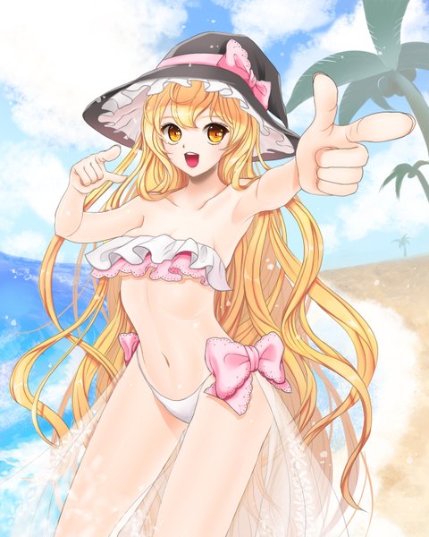 Anime picture 1200x1500 with touhou kirisame marisa jeong ira single long hair tall image looking at viewer open mouth light erotic blonde hair bare shoulders yellow eyes armpit (armpits) beach happy pointing girl navel ribbon (ribbons) hat