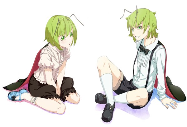 Anime picture 1000x680 with touhou wriggle nightbug sousou (sousouworks) looking at viewer blush short hair simple background white background sitting green eyes full body green hair dual persona girl boy socks shorts white socks cape suspenders