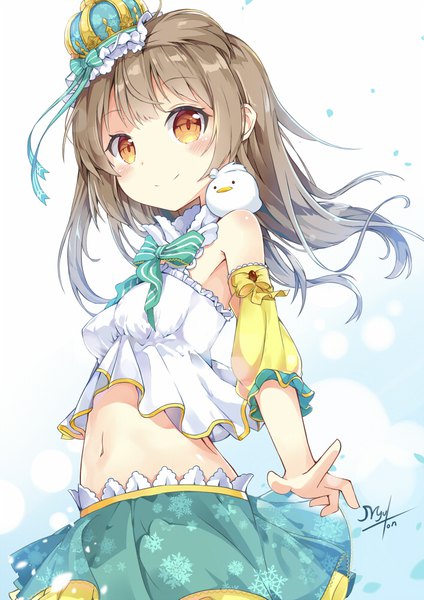 Anime picture 706x1000 with love live! school idol project sunrise (studio) love live! minami kotori myuton single long hair tall image looking at viewer blush fringe simple background smile brown hair white background brown eyes signed payot blunt bangs one side up