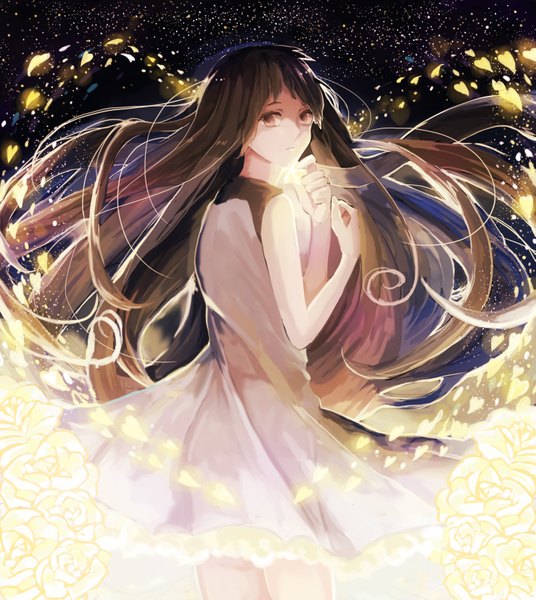 Anime picture 2953x3307 with original neruka (pixiv 6512689) single long hair tall image looking at viewer fringe highres brown hair brown eyes glowing girl dress flower (flowers) petals rose (roses)