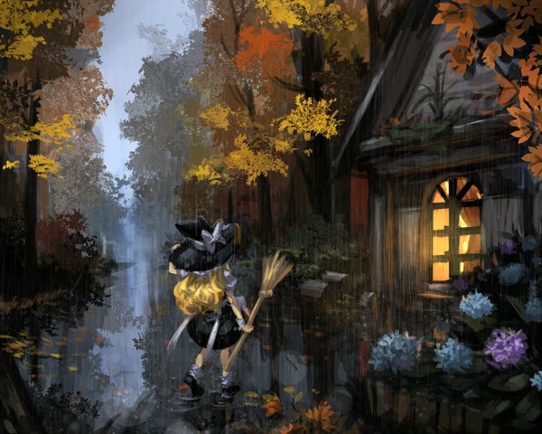 Anime picture 1000x800 with touhou kirisame marisa hikariz single long hair blonde hair holding from behind back reflection wavy hair rain walking witch autumn alternate age girl flower (flowers) bow plant (plants)