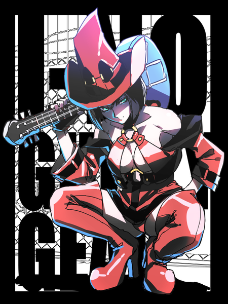 Anime picture 600x800 with guilty gear i-no pizaya single tall image short hair light erotic black hair bare shoulders green eyes full body mole copyright name character names shaded face squat girl hat boots thigh boots