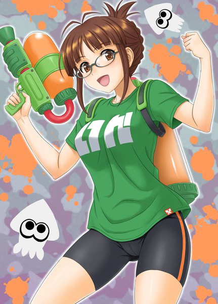 Anime picture 791x1100 with idolmaster idolmaster (classic) splatoon nintendo akizuki ritsuko hida tatsuo single tall image looking at viewer open mouth light erotic brown hair brown eyes payot ahoge :d girl glasses bike shorts water gun