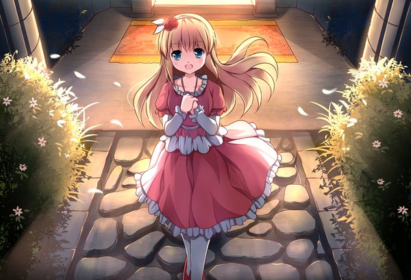 Anime picture 1837x1254 with original risutaru single long hair looking at viewer blush fringe highres open mouth blue eyes smile standing outdoors blunt bangs :d hair flower from above wind hands clasped girl