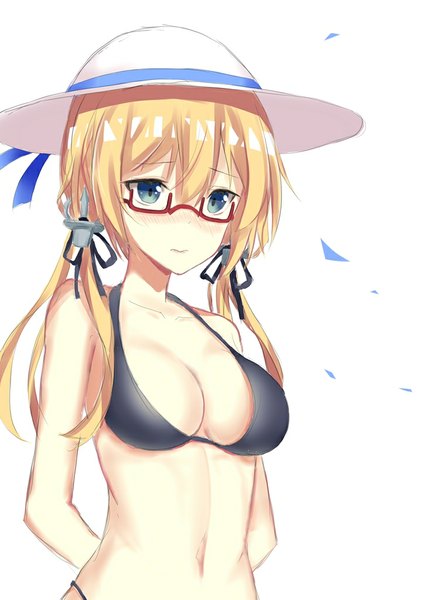 Anime picture 726x1024 with kantai collection prinz eugen (kantai collection) seedkeng jirasak santhaweesuk single long hair tall image blush fringe breasts light erotic simple background blonde hair hair between eyes standing twintails bare shoulders cleavage aqua eyes low twintails