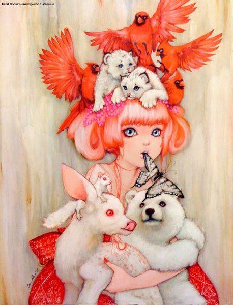 Anime picture 1121x1469 with camilladerrico single tall image short hair blue eyes simple background twintails bare shoulders red hair girl animal bird (birds) insect butterfly tiger bear squirrel