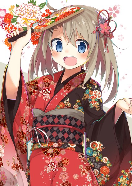 Anime picture 850x1200 with original sasahara wakaba single long hair tall image looking at viewer blush fringe open mouth blue eyes smile hair between eyes brown hair holding ahoge traditional clothes :d japanese clothes wide sleeves floral print