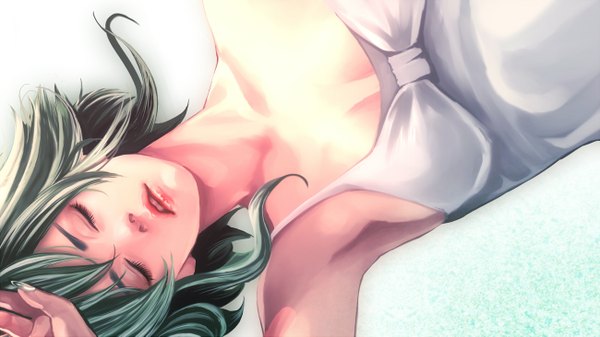 Anime picture 1300x731 with vocaloid gumi jun jun single blush short hair open mouth wide image bare shoulders cleavage eyes closed fingernails green hair lips teeth armpit (armpits) sleeping upside down girl dress