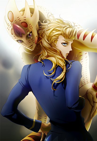 Anime picture 550x800 with jojo no kimyou na bouken giorno giovanna gold experience requiem joka (night gate) long hair tall image looking at viewer blue eyes blonde hair purple eyes profile looking back from behind multiple boys hand on hip stand (jojo) boy 2 boys