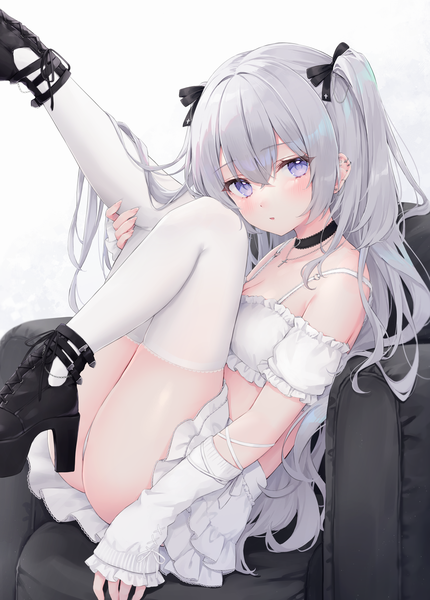 Anime picture 1334x1861 with original shano hiyori single long hair tall image looking at viewer blush fringe breasts open mouth light erotic hair between eyes sitting purple eyes silver hair bent knee (knees) long sleeves head tilt fingernails two side up