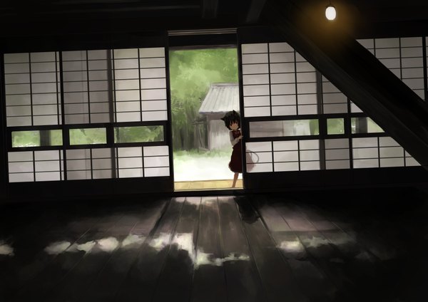 Anime picture 1801x1273 with touhou chen yushika single looking at viewer highres short hair black hair red eyes animal ears animal tail girl dress plant (plants) tree (trees) forest child (children) sliding doors japanese house shouji