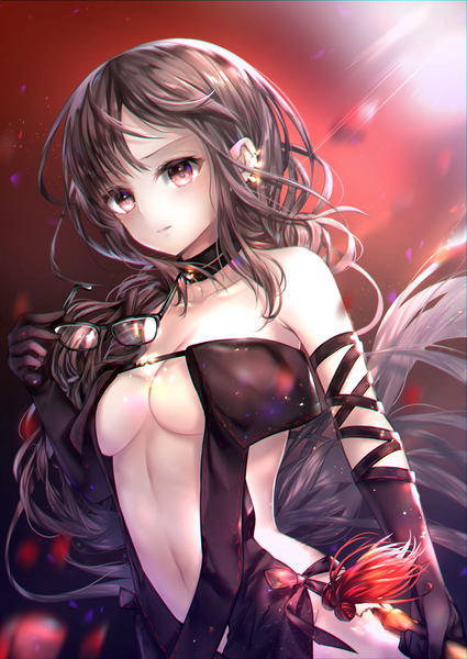 Anime picture 2150x3035 with fate (series) fate/grand order yu mei-ren (fate) hane yuki single long hair tall image looking at viewer blush fringe highres breasts light erotic simple background red eyes brown hair large breasts standing holding payot