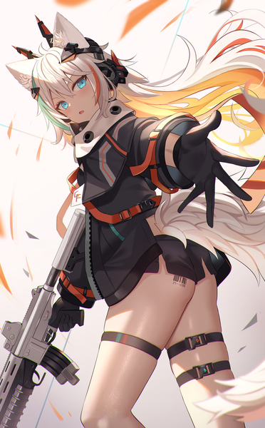 Anime picture 2789x4500 with original f (milfaaaaa) single long hair tall image looking at viewer blush highres light erotic simple background standing holding animal ears silver hair bent knee (knees) ass tail animal tail multicolored hair aqua eyes