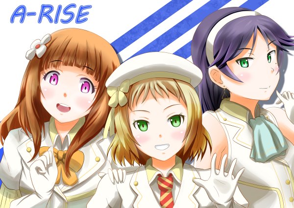 Anime picture 1200x850 with love live! school idol project sunrise (studio) love live! kira tsubasa yuuki anju taka shida long hair blush short hair open mouth blonde hair smile brown hair purple eyes multiple girls green eyes purple hair girl gloves hairband