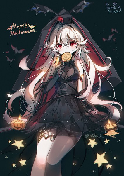 Anime picture 1414x2000 with witch springs eirudy snow is single long hair tall image looking at viewer blush fringe breasts hair between eyes red eyes standing holding signed white hair twitter username dark background wavy hair halloween