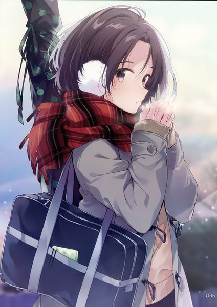 Anime picture 2494x3532 with melonbooks umiko (munemiu) single tall image looking at viewer blush fringe highres short hair hair between eyes brown hair standing brown eyes signed parted lips scan open clothes sleeves past wrists exhalation hands clasped