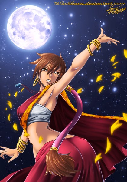 Anime picture 700x1000 with fairy tail eclair (fairy tail) bl4ckburn single long hair tall image brown hair brown eyes ponytail looking back night from below armpit (armpits) night sky coloring girl earrings petals bracelet moon