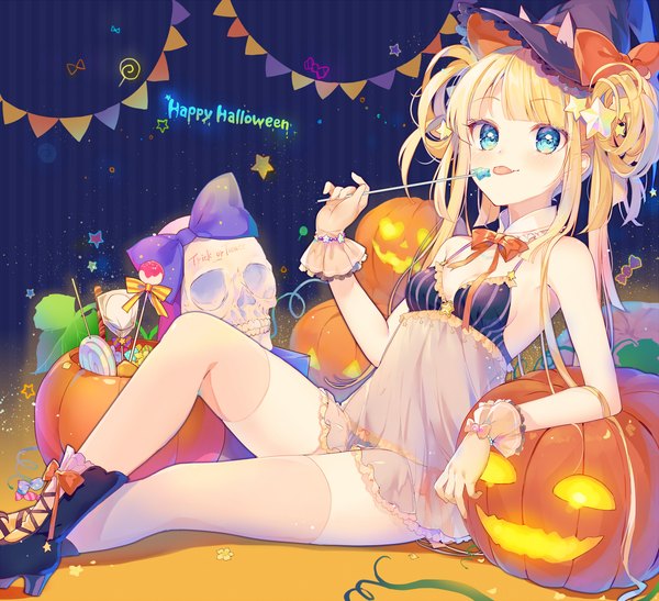 Anime picture 2800x2553 with original touyama soboro single long hair looking at viewer highres blue eyes light erotic blonde hair sitting arm support halloween happy halloween trick or treat girl thighhighs gloves hair ornament hat food