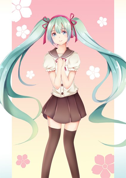 Anime picture 800x1131 with vocaloid hatsune miku tall image looking at viewer smile twintails very long hair aqua eyes aqua hair girl thighhighs skirt black thighhighs headphones