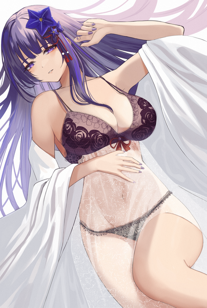 Anime picture 1267x1882 with genshin impact raiden shogun yamikyon single long hair tall image looking at viewer blush fringe breasts light erotic simple background large breasts white background purple eyes cleavage purple hair bent knee (knees) lying blunt bangs