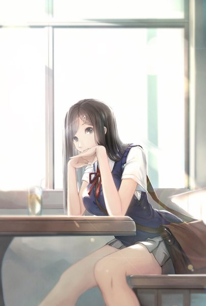 Anime picture 1839x2732 with original kikivi single long hair tall image looking at viewer highres black hair sitting black eyes girl skirt uniform school uniform miniskirt shirt window white shirt hairclip vest