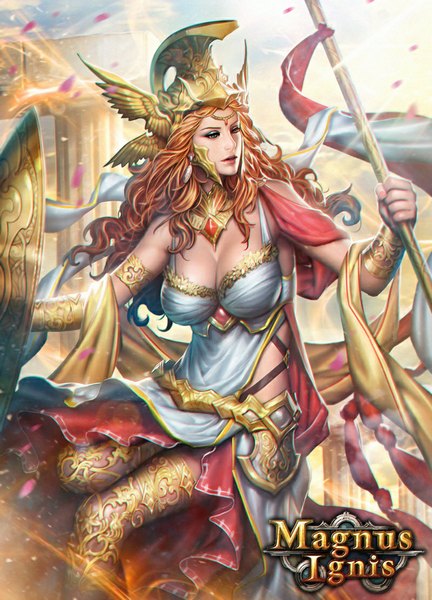 Anime picture 800x1111 with magnus ignis (game) athena (magnus ignis) nudtawut thongmai single long hair tall image breasts blue eyes light erotic looking away lips orange hair realistic girl weapon earrings helmet spear shield