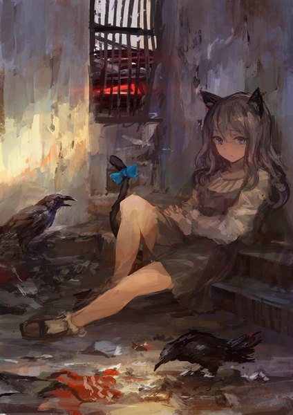 Anime picture 850x1203 with original lm7 (op-center) single long hair tall image blue eyes sitting animal ears tail animal tail grey hair cat ears cat girl cat tail girl dress bow animal bird (birds) crow