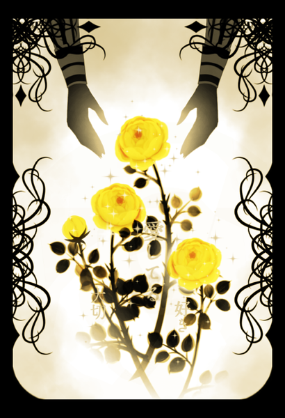 Anime picture 600x878 with original totsuki tall image sparkle text framed flower (flowers) plant (plants) rose (roses) hands yellow rose