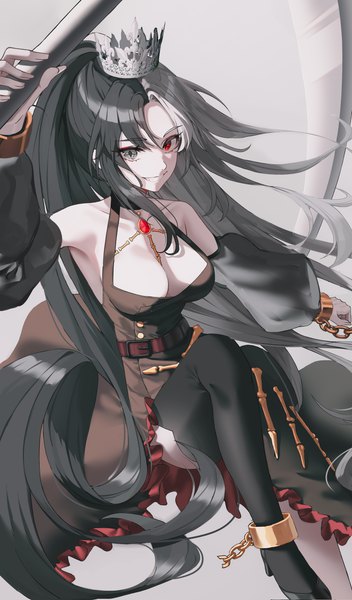 Anime picture 3089x5262 with original jisu lee single tall image looking at viewer fringe highres breasts light erotic black hair simple background smile hair between eyes red eyes large breasts holding absurdres cleavage very long hair multicolored hair