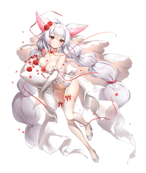 Anime picture 1000x1185 with panilla the revival hypnos (panilla the revival) marmoset (marmoset0) single tall image looking at viewer blush fringe breasts light erotic simple background hair between eyes red eyes large breasts white background twintails bare shoulders holding animal ears cleavage