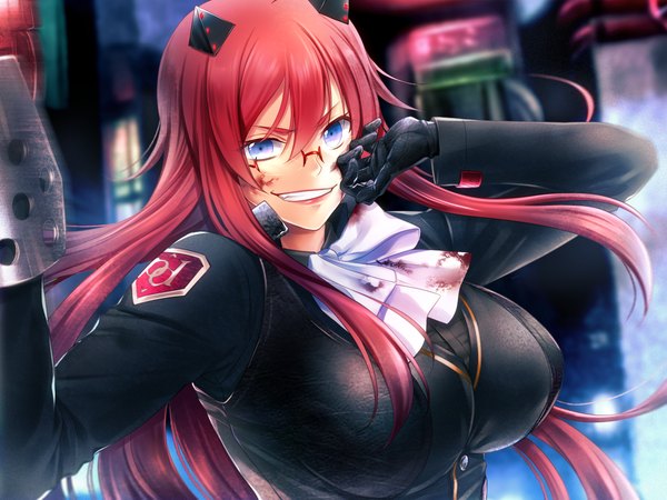 Anime picture 1400x1050 with tokyo necro nitroplus kibanohara ethica sea (pixiv7374844) single long hair looking at viewer breasts blue eyes light erotic red hair girl gloves hair ornament black gloves glasses