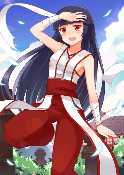 Anime picture 1000x1414 with original mmrailgun single long hair tall image blush open mouth black hair smile red eyes sky cloud (clouds) traditional clothes :d armpit (armpits) girl plant (plants) tree (trees) leaf (leaves) bandage (bandages)