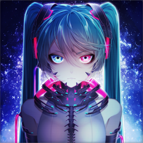 Anime picture 2710x2710 with vocaloid hatsune miku 1055 single long hair looking at viewer fringe highres blue eyes hair between eyes twintails bare shoulders blue hair pink eyes alternate costume heterochromia border blue background serious girl