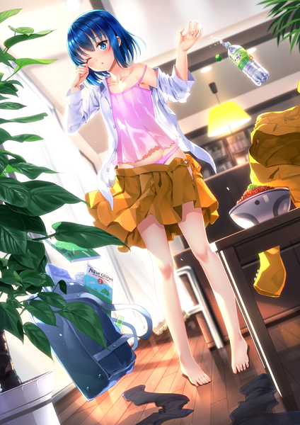 Anime picture 1102x1560 with hinamatsuri feel (studio) hina (hinamatsuri) swordsouls single tall image blush fringe short hair breasts blue eyes light erotic hair between eyes standing blue hair cleavage full body indoors pleated skirt one eye closed