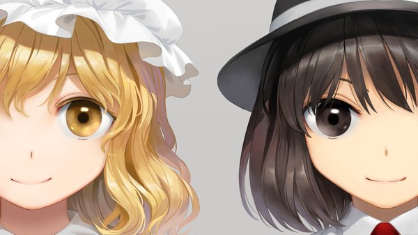 Anime picture 1920x1080 with touhou usami renko maribel hearn suna (s73d) looking at viewer fringe highres short hair black hair simple background blonde hair smile hair between eyes wide image multiple girls yellow eyes black eyes grey background face shiny