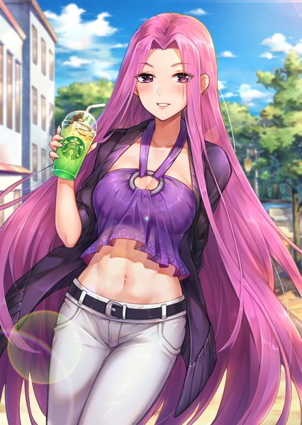 Anime picture 1240x1748 with fate (series) fate/stay night starbucks rider hua-j single tall image looking at viewer blush fringe breasts smile purple eyes pink hair sky cleavage cloud (clouds) outdoors very long hair parted lips