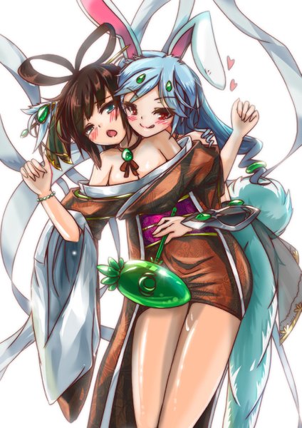 Anime picture 905x1280 with rocknroll (artist) long hair tall image looking at viewer blush fringe short hair open mouth light erotic simple background smile red eyes brown hair white background bare shoulders multiple girls animal ears blue hair tail traditional clothes