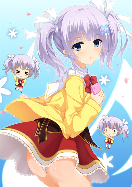 Anime picture 707x1000 with amairo islenauts yuzusoft shiraga airi suzuame yatsumi tall image looking at viewer blush short hair blue eyes light erotic simple background holding payot purple hair ass parted lips :o shiny skin gradient background blue background