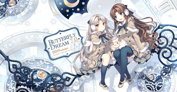 Anime picture 1023x537 with original butterfly dream (artbook) nardack long hair blush open mouth blue eyes smile brown hair wide image sitting multiple girls white hair braid (braids) night night sky winter crescent girl thighhighs