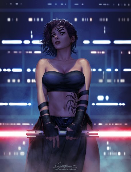 Anime-Bild 3085x4047 mit star wars sith maya krysdecker (krystopher decker) single tall image looking at viewer fringe highres short hair breasts light erotic black hair standing bare shoulders holding signed absurdres cleavage parted lips lips