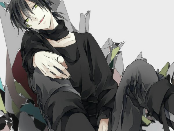 Anime picture 1000x750 with kagerou project shaft (studio) konoha (kagerou project) kuroha fujiori single short hair black hair simple background smile sitting yellow eyes nail polish parted lips head tilt fingernails grey background pointing at viewer boy pants