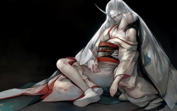 Anime picture 1000x629 with original fukawa (pixiv) long hair open mouth black hair simple background sitting bare shoulders multiple girls yellow eyes very long hair traditional clothes japanese clothes horn (horns) pointy ears grey hair off shoulder teeth no shoes hug