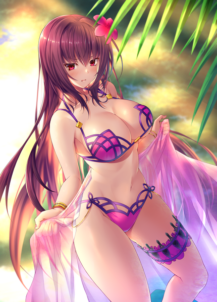 Anime picture 2618x3652 with fate (series) fate/grand order scathach (fate) (all) scathach (swimsuit assassin) (fate) emanon123 single long hair tall image looking at viewer blush fringe highres breasts open mouth light erotic hair between eyes red eyes large breasts standing cleavage