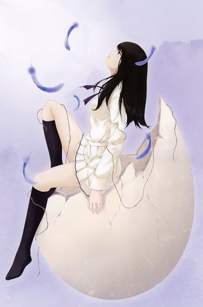 Anime picture 2651x4000 with kara no shoujo innocent grey kuchiki toko sugina miki single long hair tall image highres black hair looking away full body bent knee (knees) profile pleated skirt black eyes scan official art no shoes looking up girl
